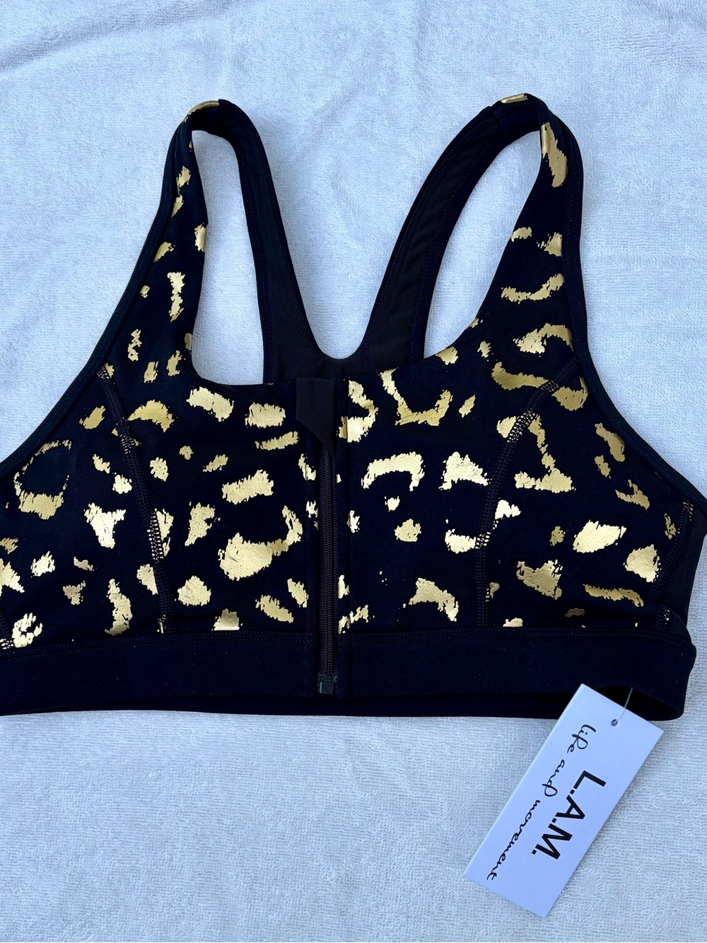 NWT YOGA PEOPLE!!  Gold Leopard Print Black Sports Bra with